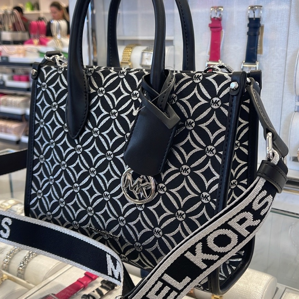 Michael Kors Mirella Small Metallic Logo Jacquard Crossbody Bag Black/Silver 
NW